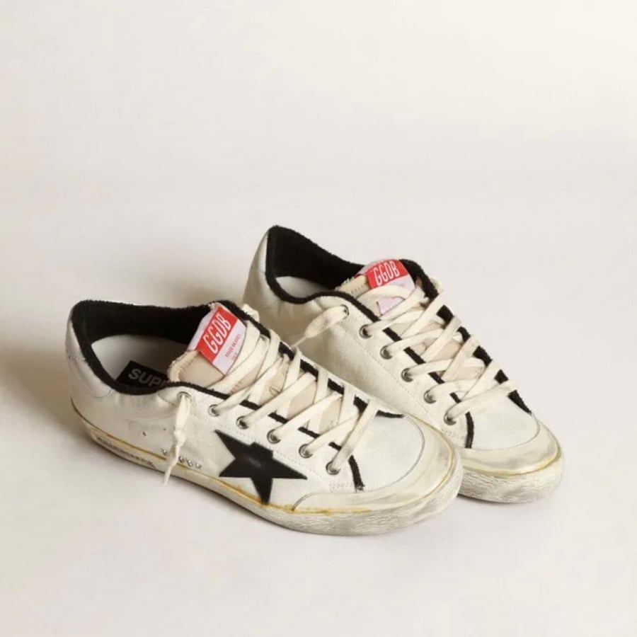 Women’s Super-Star LTD sneakers in beige canvas with black leather star and white leather heel tab