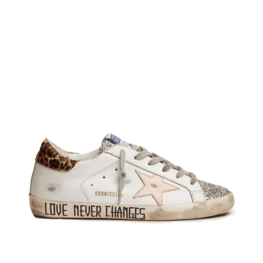 Super-Star sneakers with silver glitter tongue and handwritten lettering on the foxing