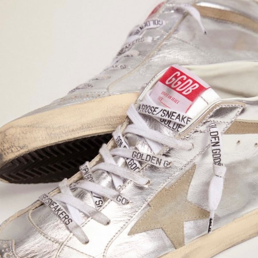 Mid Star sneakers in silver metallic leather with star and flash in dove-gray suede