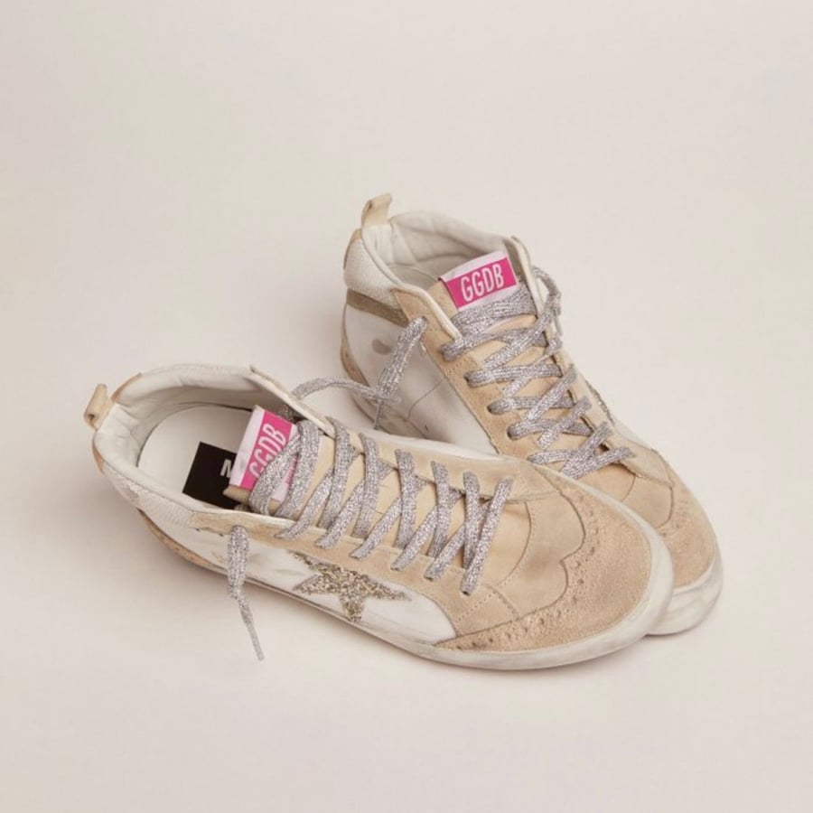 Mid Star LTD sneakers with light green glitter star and snake-print leather insert