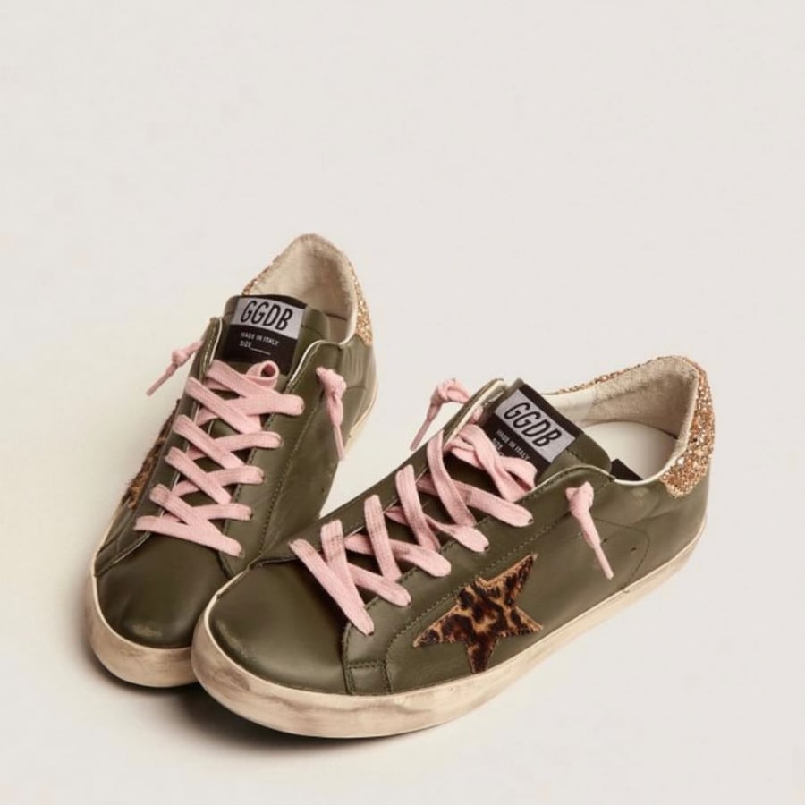 Golden Goose Super-Star sneakers in dark green leather with gold glitter heel tab