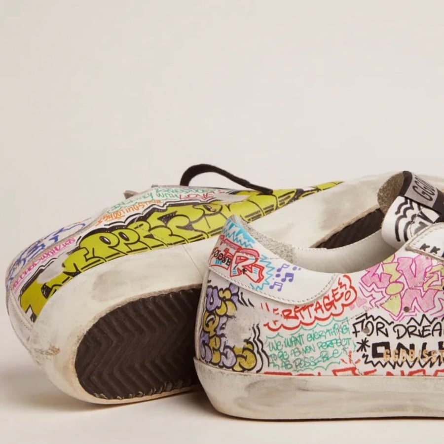 Super-Star sneakers in white leather with multicolored graffiti print