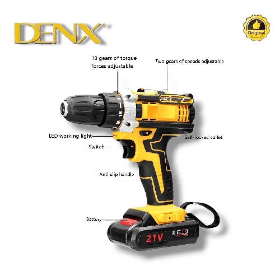 دريل كهربائي DENX DX2588 ببطارية ليثيوم 21 فولت، للأعمال المنزلية، البناء، السيارات والحدائق.