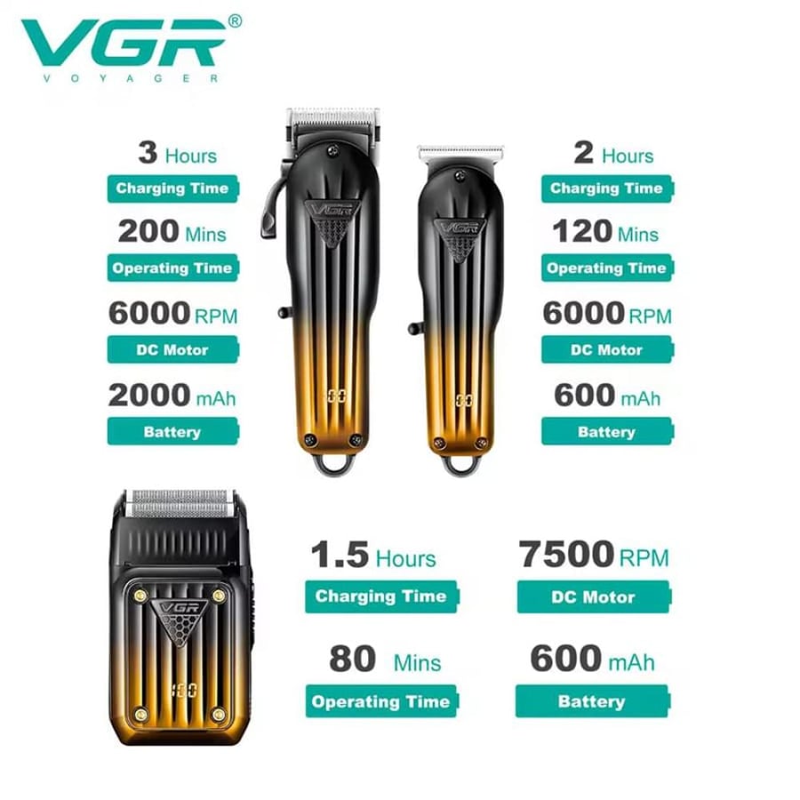 طقم حلاقة VGR V-644 احترافي 3 في 1 قابل للشحن USB مع شاشة LED 6