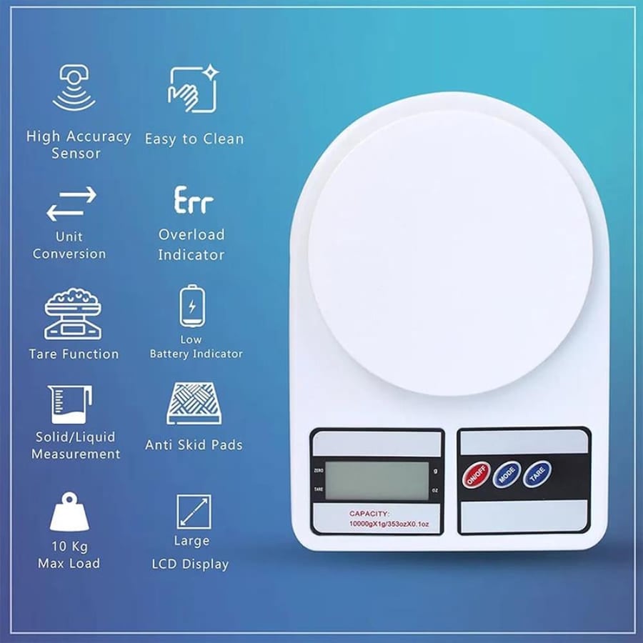 ميزان مطبخ رقمي DENX DX3602 سعة 10 كجم بدقة 0.1 جم شاشة LCD  8