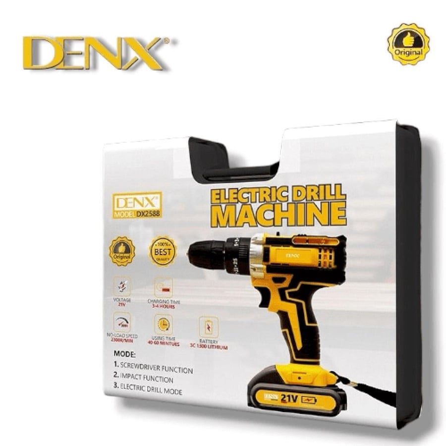 دريل كهربائي DENX DX2588 ببطارية ليثيوم 21 فولت، للأعمال المنزلية، البناء، السيارات والحدائق.