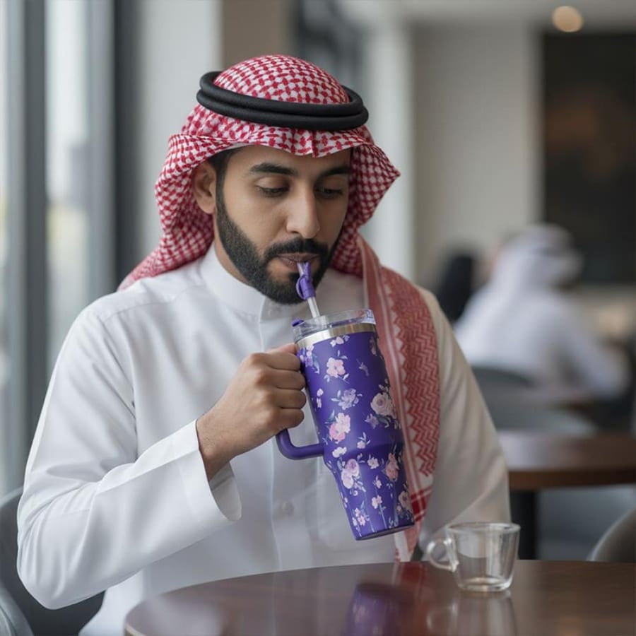 كوب حراري 1.8 لتر ستانلس ستيل بيد ومصاص تصميم وردي أنيق 6