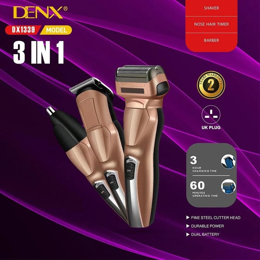 ماكينة حلاقة كهربائية (3 × 1) DENX DX1339 مع بطارية قابلة لاعادة الشحن عبر منفذ USB