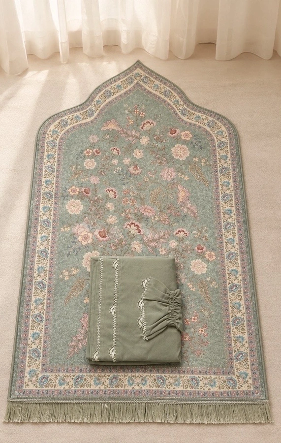 طقم سجاد ازهار مع شرشف اخضر 🌿