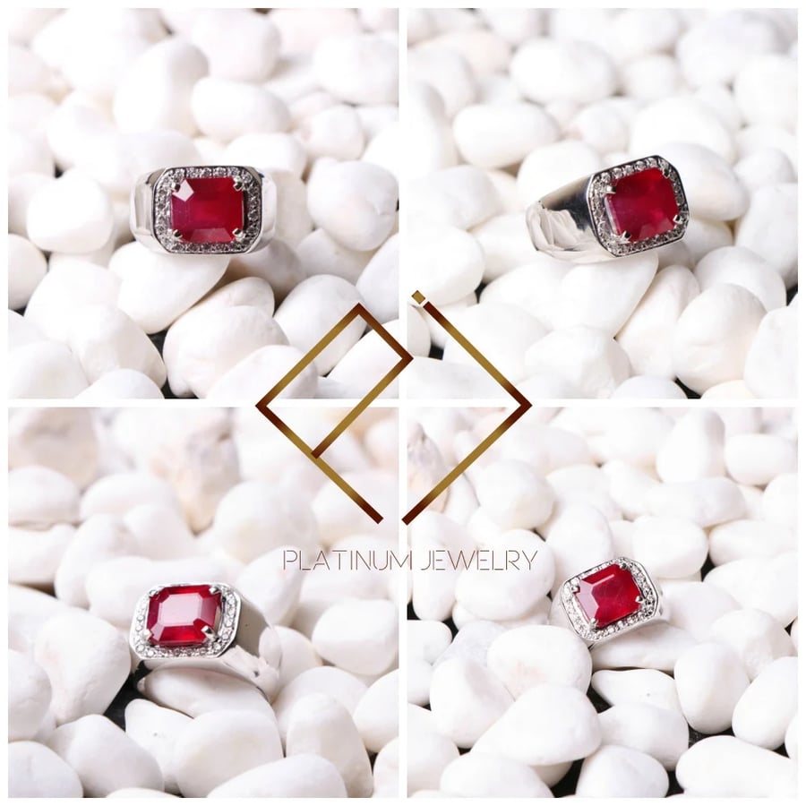 Men's silver ring 925 karat with natural ruby stone and clear zircon
