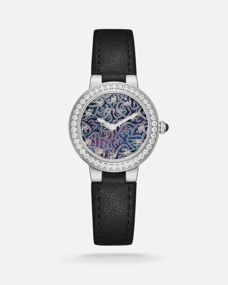 Women's patch watch with a black leather strap