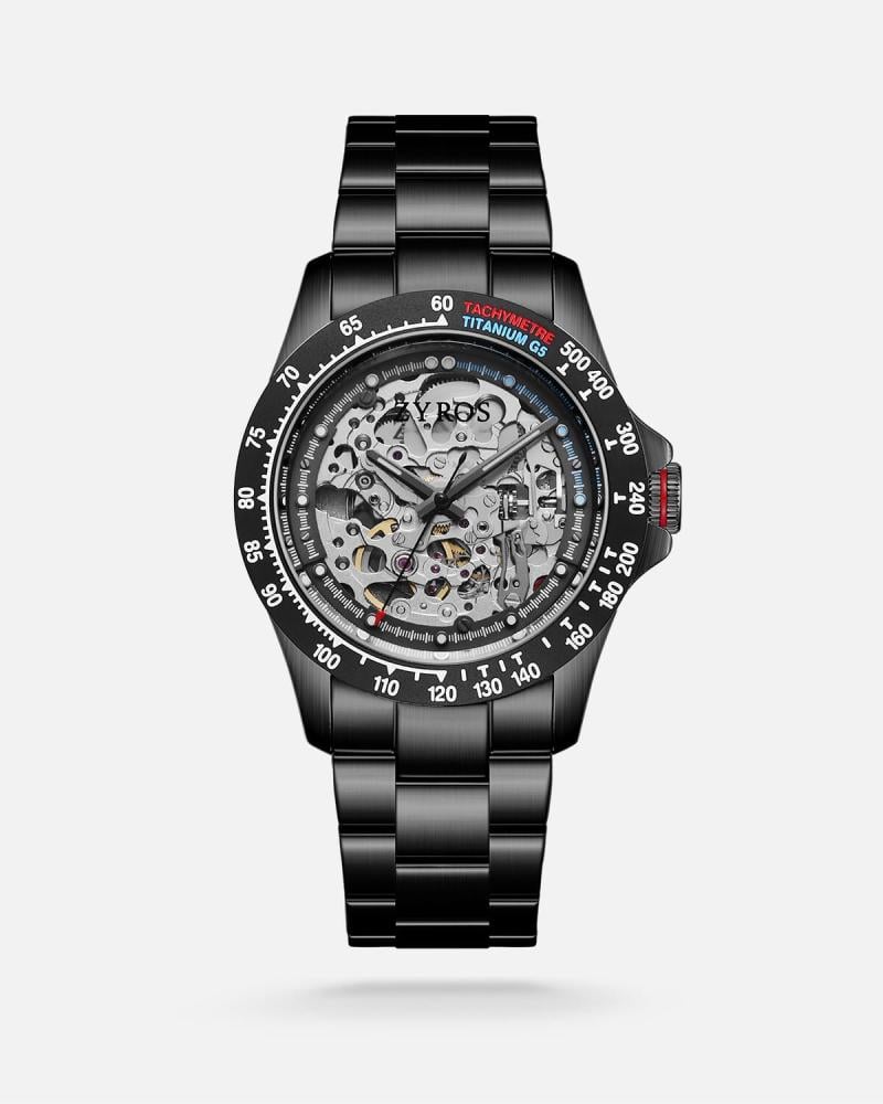 Men's automatic watch with a black steel strap