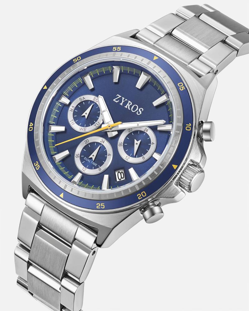Men's steel watch, silver color with a blue bezel