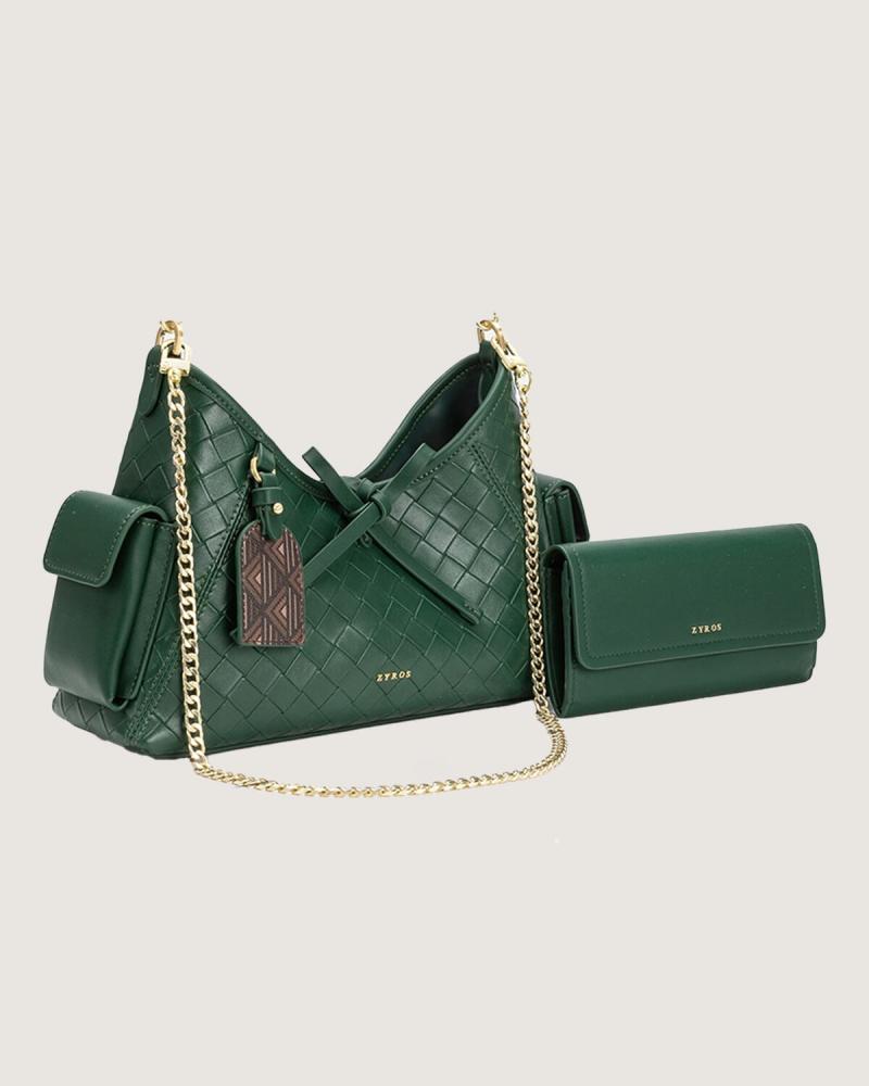 A spacious bag, large enough to hold your belongings, in green.