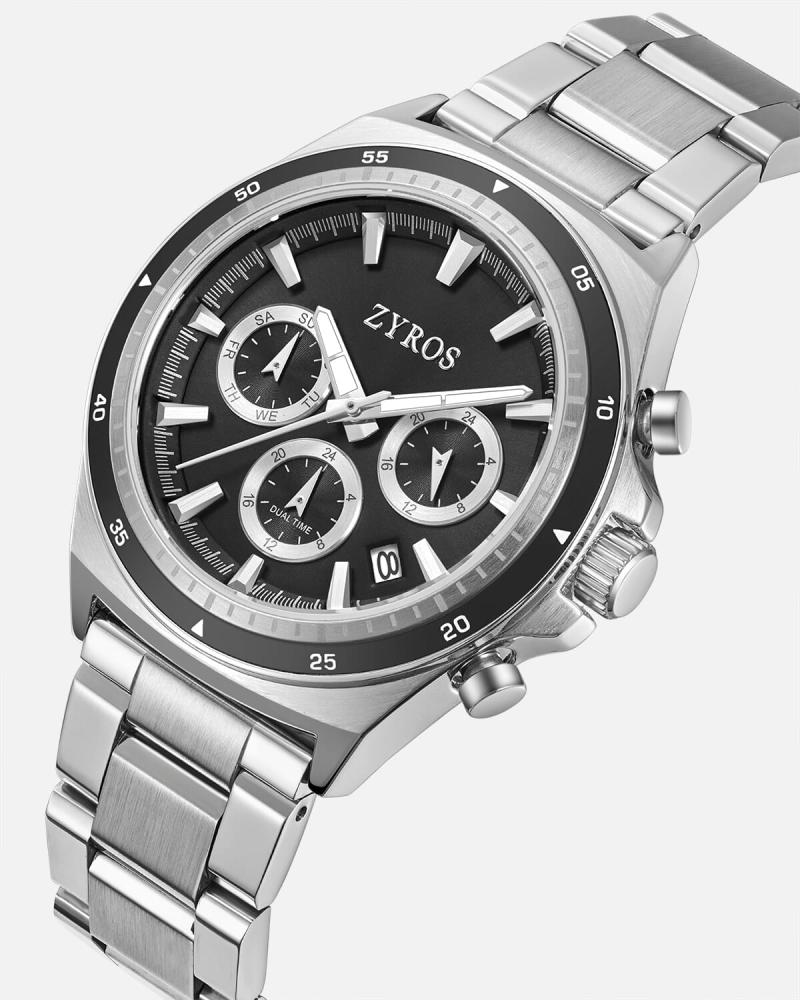 Men's steel watch, silver color with a black bezel