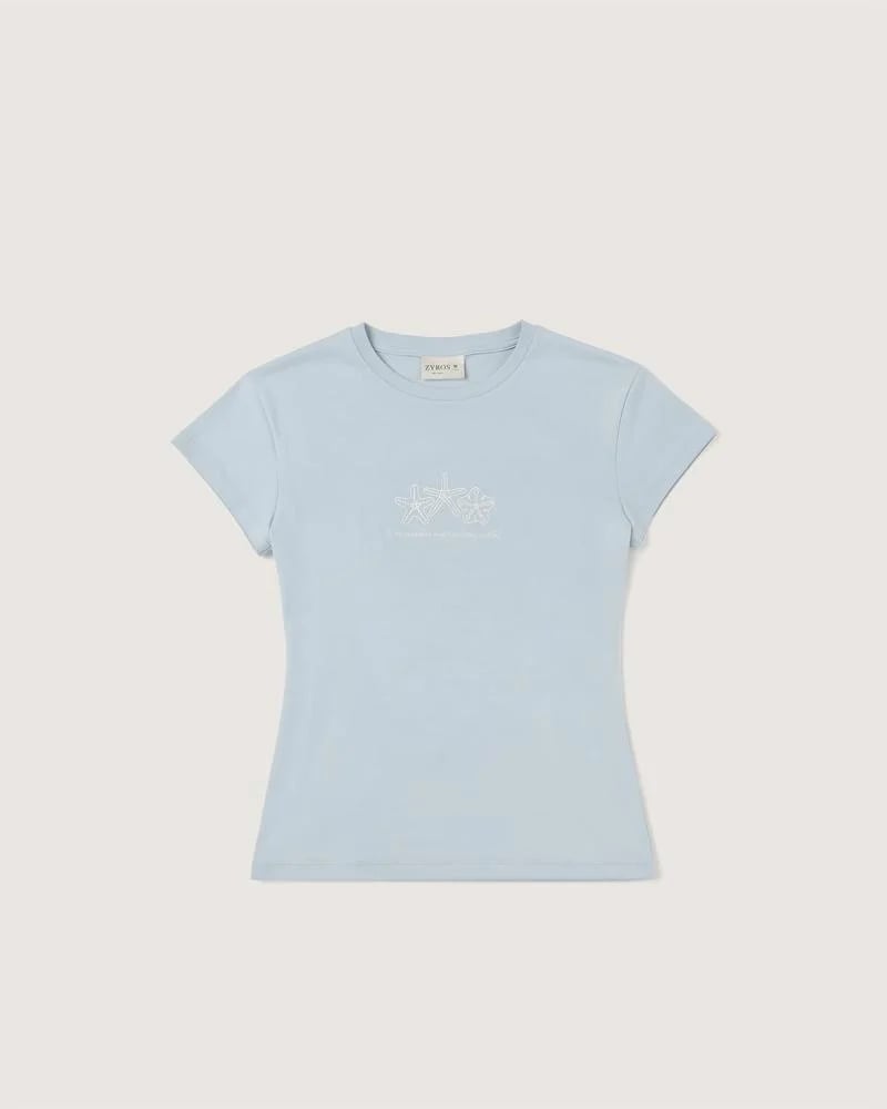 Women's blue t-shirt with distinctive prints