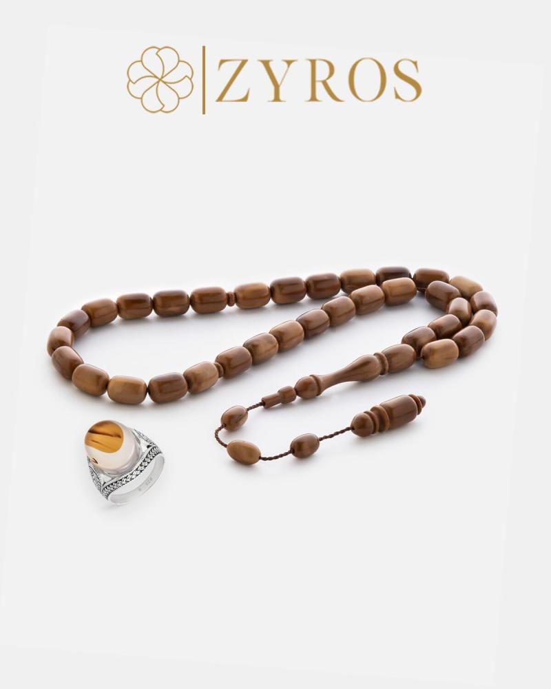 Luxury men's gift set: prayer beads and ring in brown
