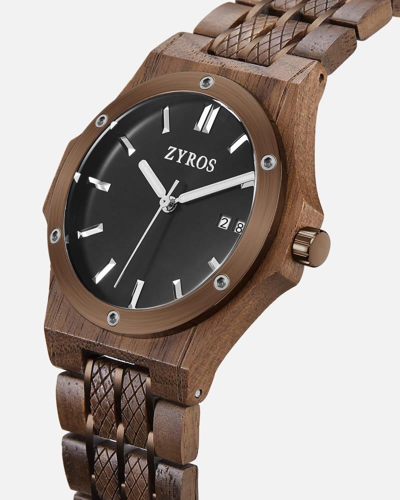 Men's watch with a brown wooden strap