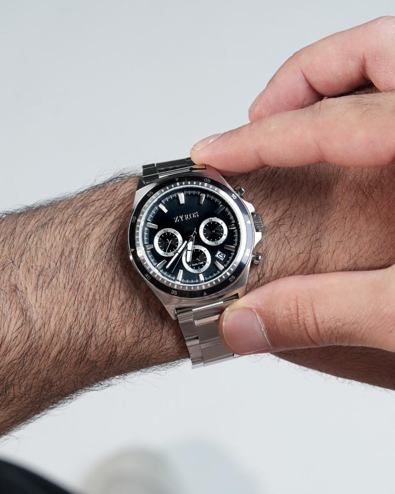 Men's steel watch, silver color with a black bezel