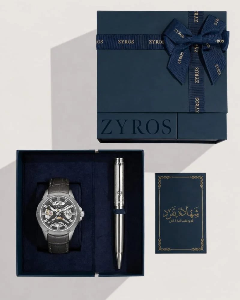 Men’s Automatic Watch Set with Grey Leather Strap and Free Pen