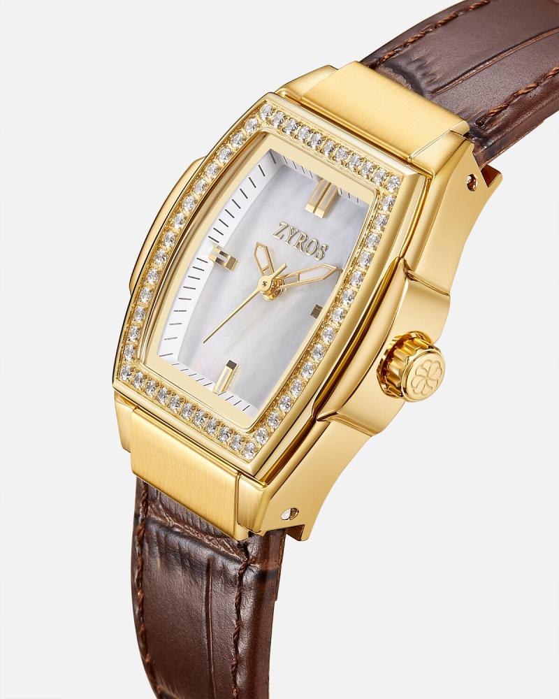 Women's watch with a brown leather strap