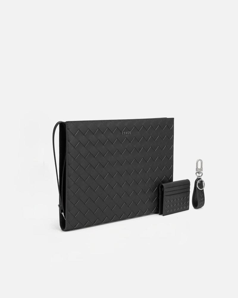 Luxury set including bag, keychain, and wallet in black