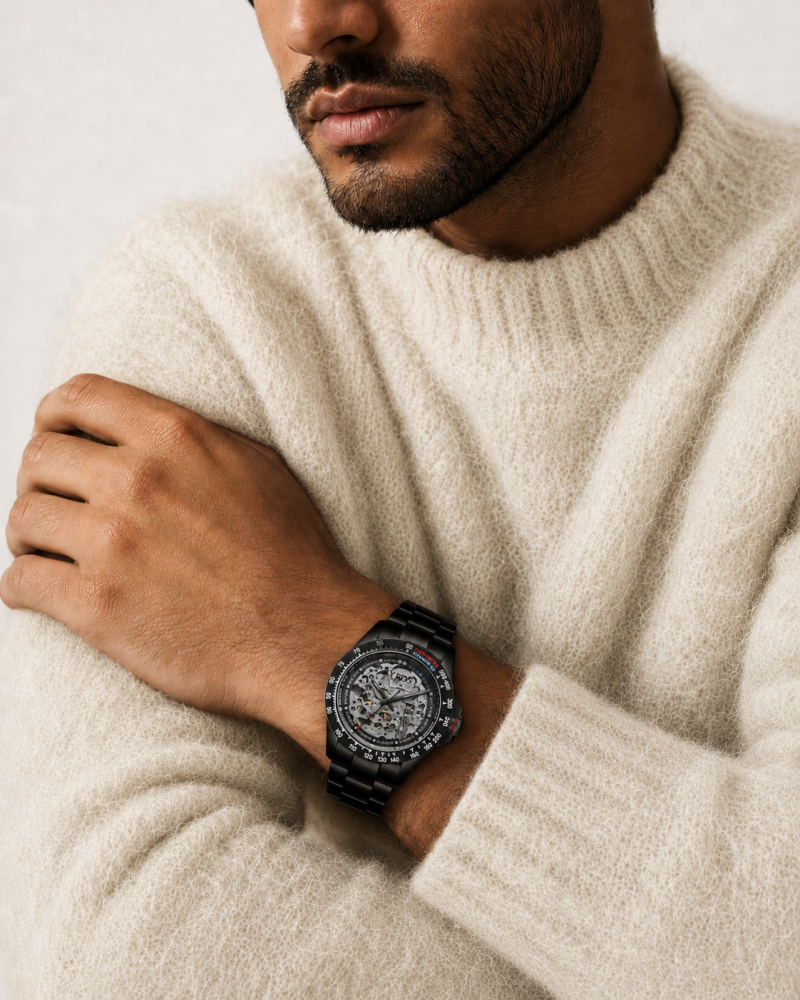 Men's automatic watch with a black steel strap