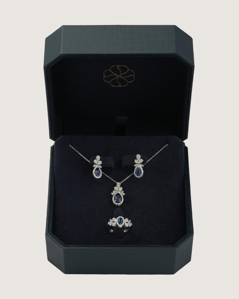 A delicate women's accessory set in silver and blue