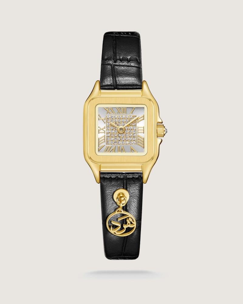 Women's watch with a black leather strap