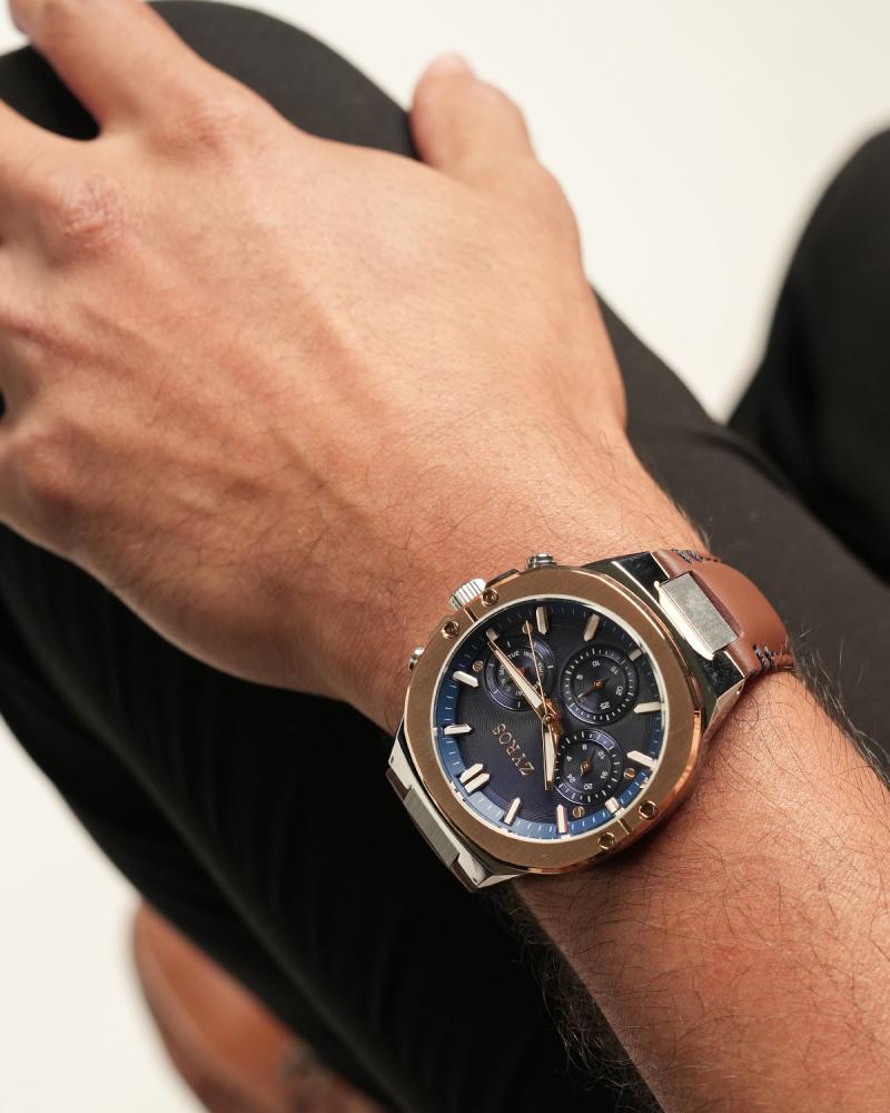 Men's watch with a brown leather strap