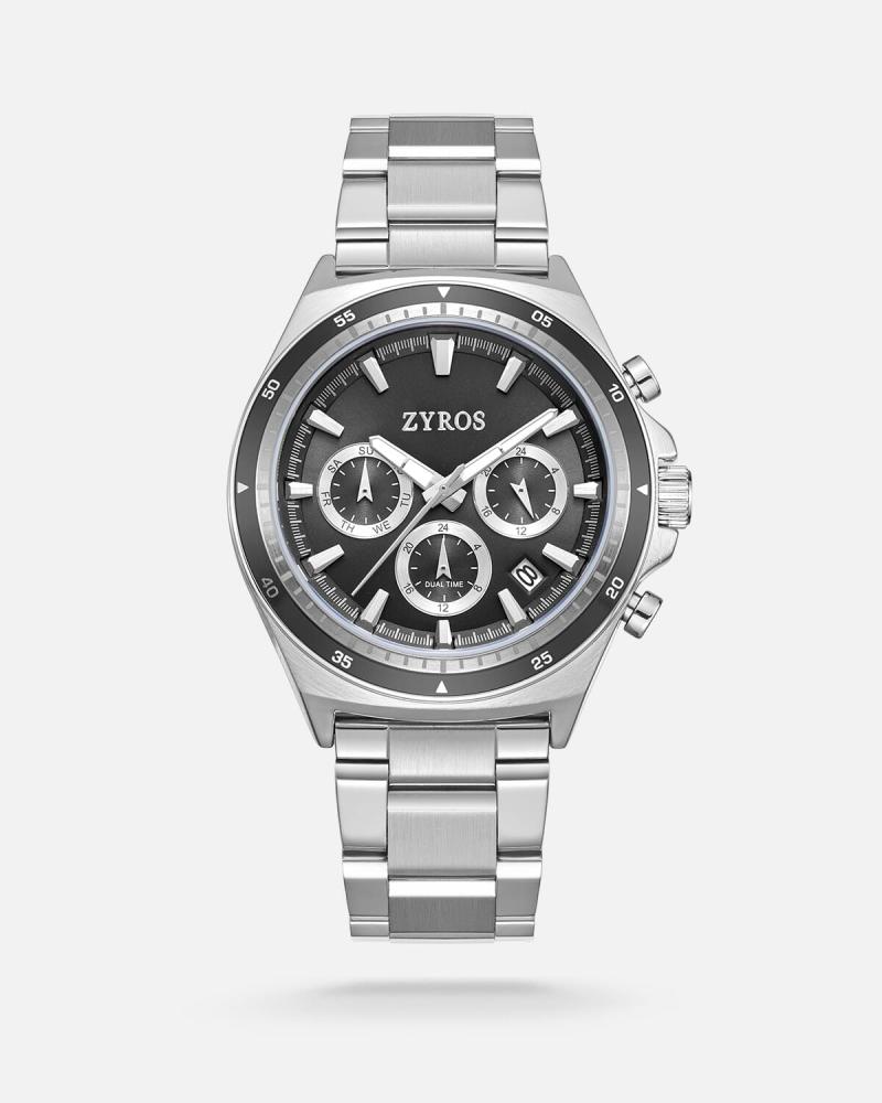Men's steel watch, silver color with a black bezel