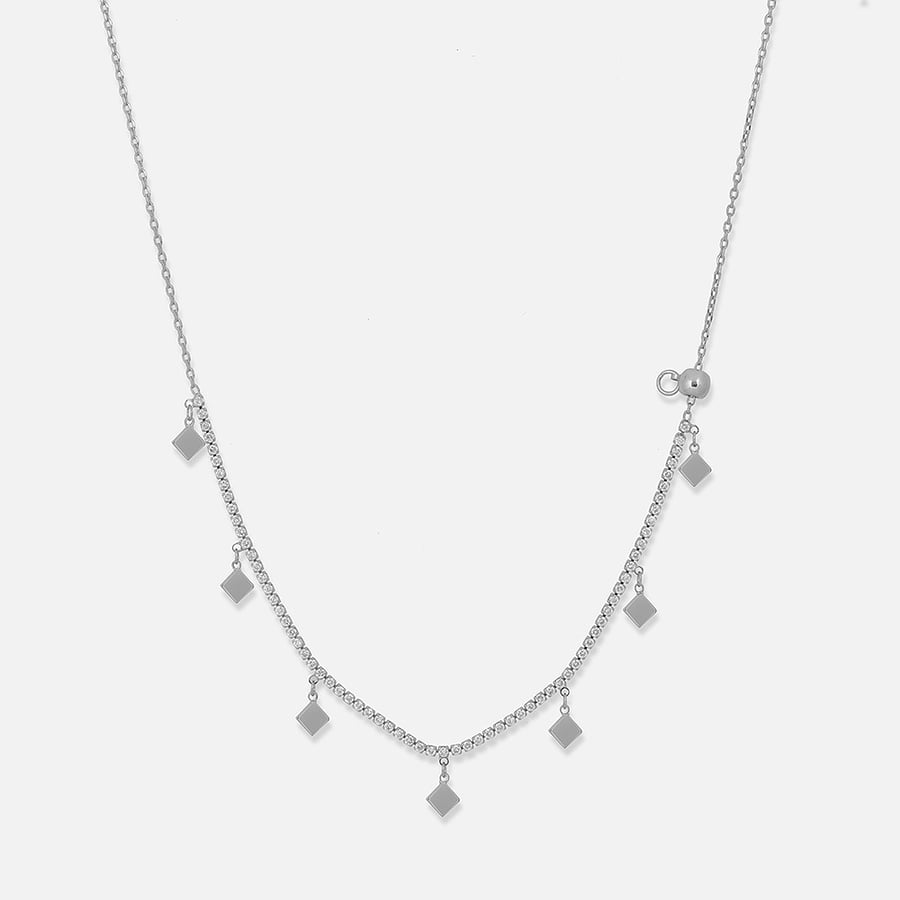Women's silver-tone necklace with zircon lobes and dangling silver lozenges from Zyros | CN018L