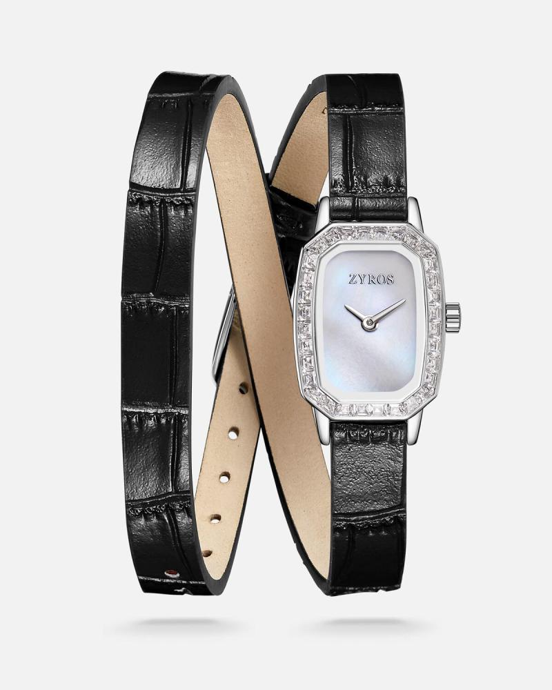 Women's watch with a black leather strap
