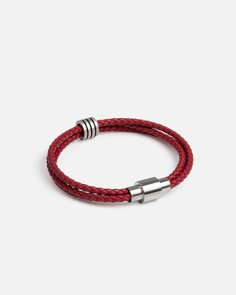 Men's bracelet with a double strap design, made of red leather.