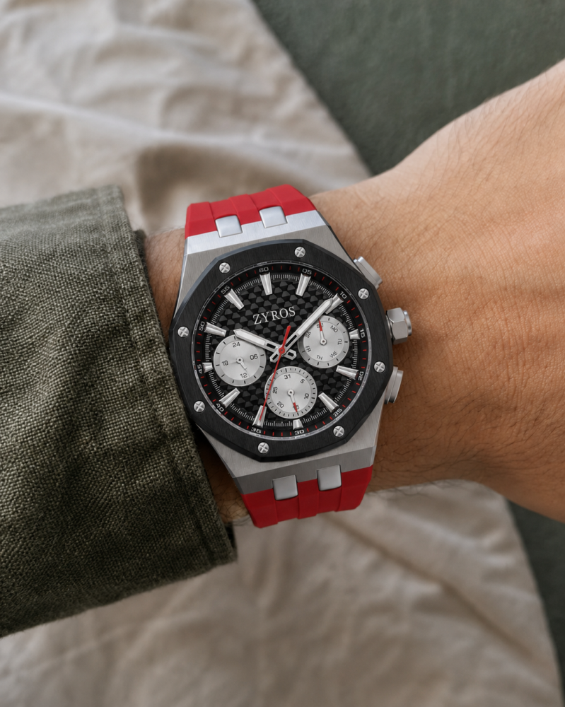 Men's watch with a red rubber strap