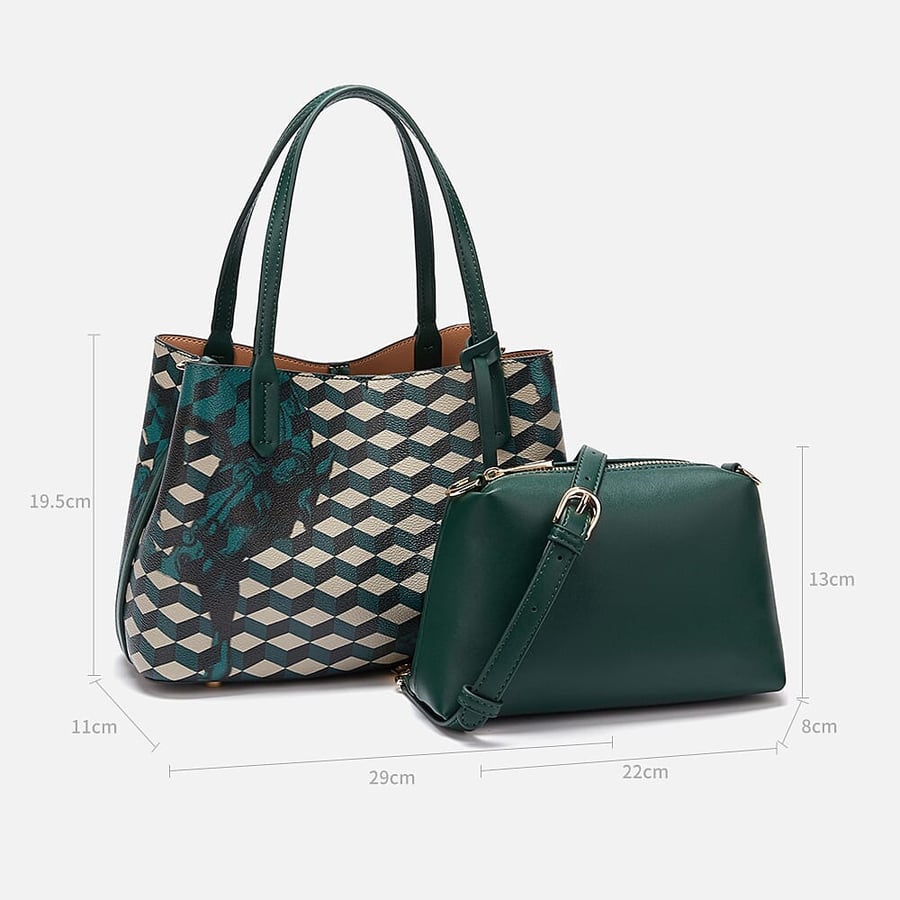 ZLH525L0801 | شنطة نسائيه متوسطه من الجلد باللون الأخضر بتصميم كلاسيك وبرسم هنسدي وطبعات خيل