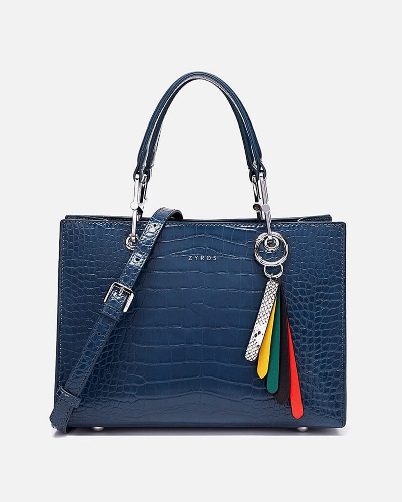 Women's blue crocodile-embossed leather square bag with curved top handle | ZLH548L