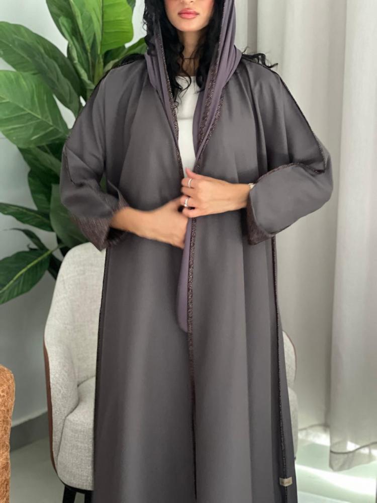 عباية يومية كريب كتان رمادي مع تحديد مشجر