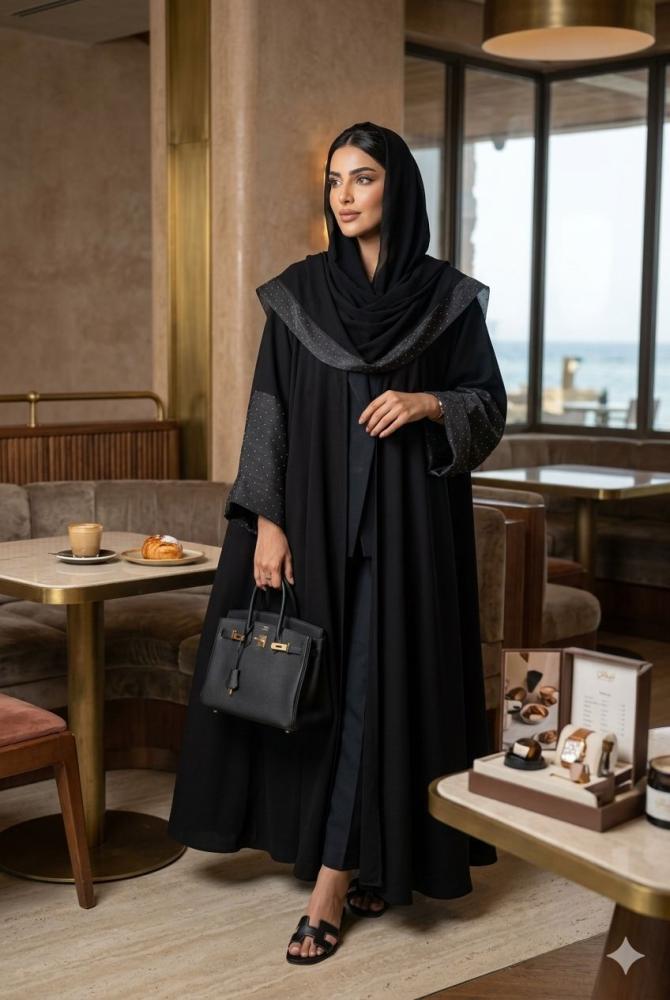 عباية أسود حرير مع أكمام منقطة