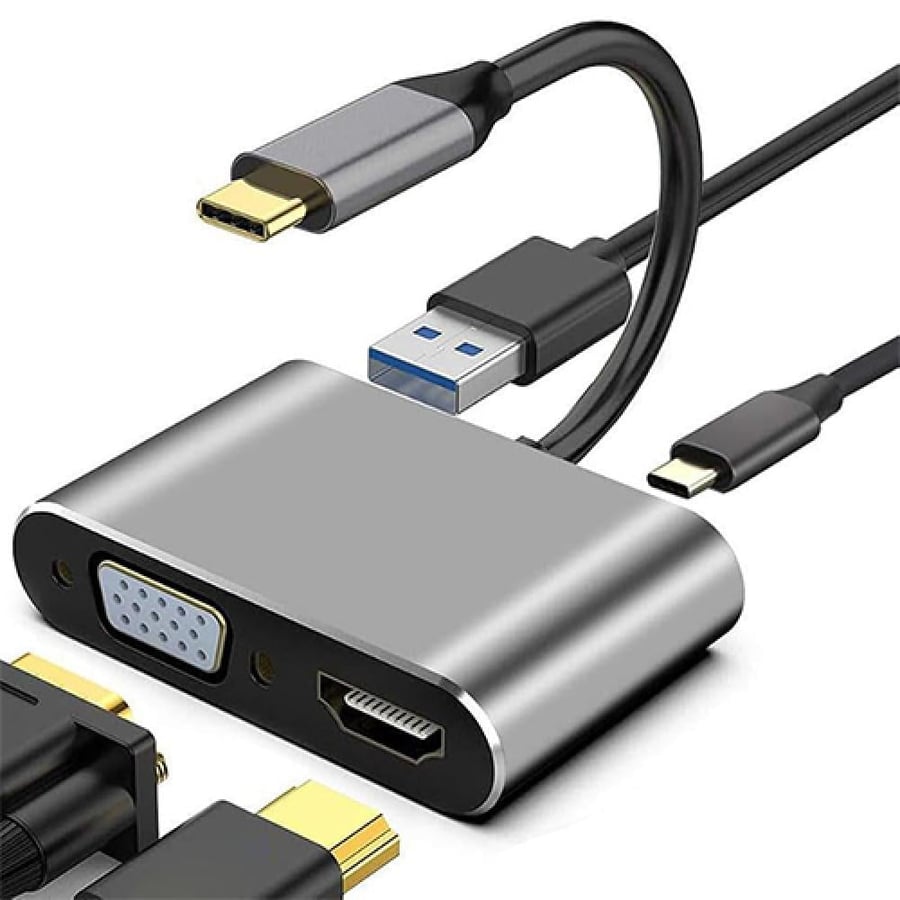 ONYXER USB-C to HDMI + VGA + USB 3.0 + USB-C PD Adapter 4 in 1 / وصلة محول تايب سي اربعة في واحد USB+PD +HD + VGA