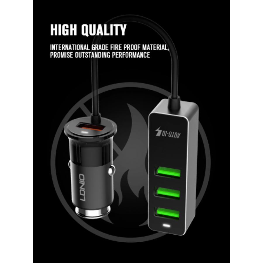 لدنيو – شاحن سيارة مع 4 منافذ USB بقوة 3.4 أمبير – أسود