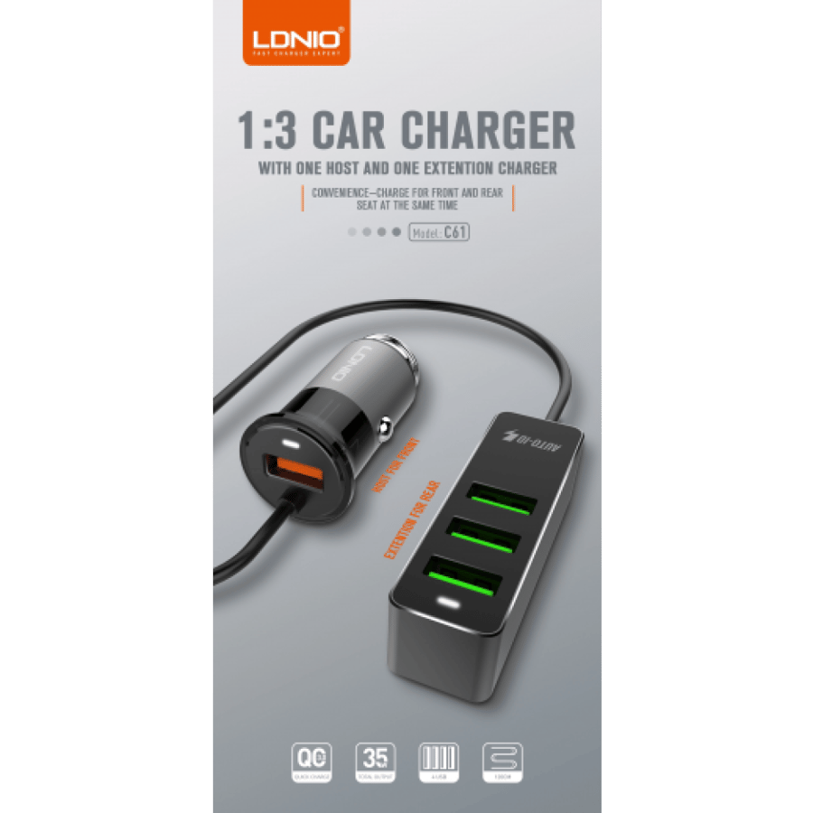 لدنيو – شاحن سيارة مع 4 منافذ USB بقوة 3.4 أمبير – أسود