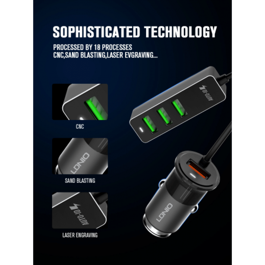 لدنيو – شاحن سيارة مع 4 منافذ USB بقوة 3.4 أمبير – أسود