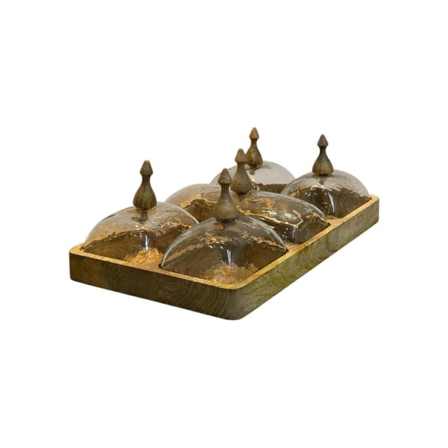 A five-sided wooden date tray set with glass covers