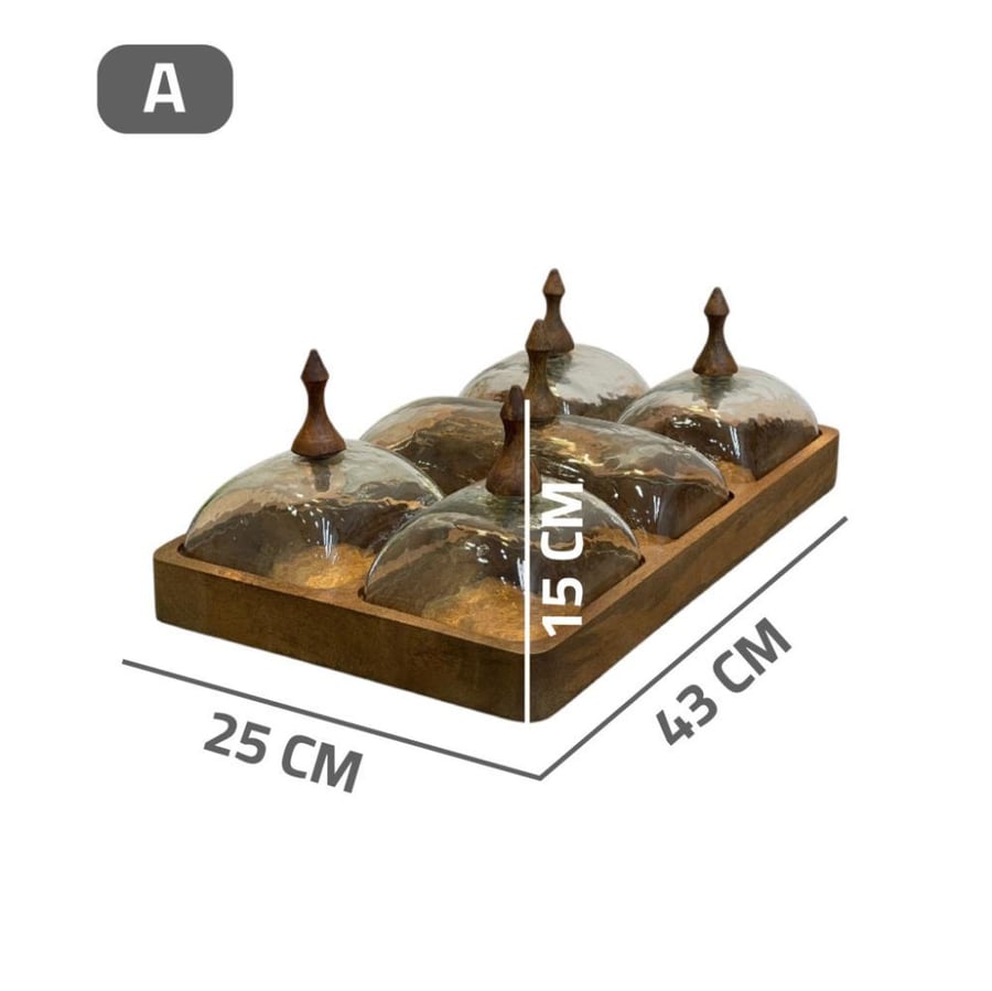 A five-sided wooden date tray set with glass covers