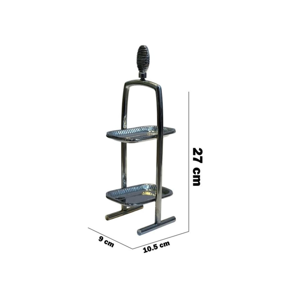 Rectangular double-tier stainless steel stand with a hand-carved handle