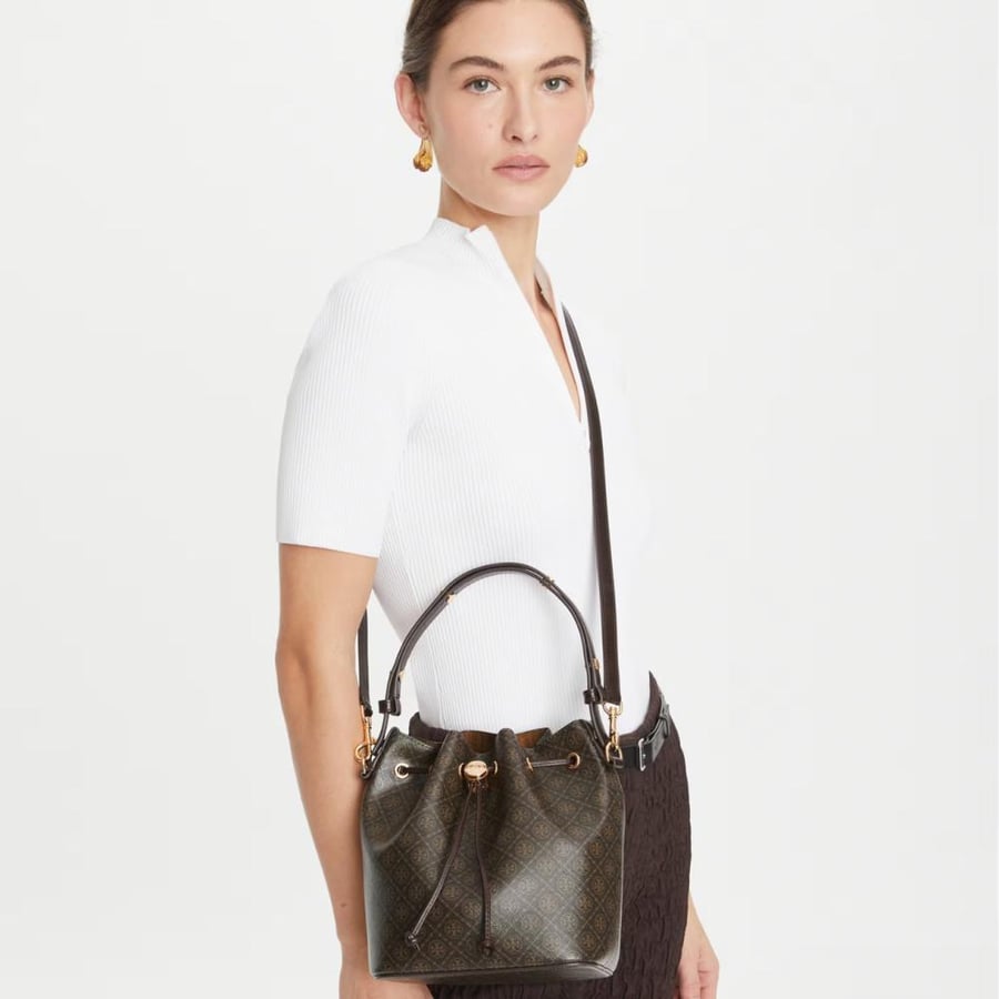 T MONOGRAM COATED CANVAS BUCKET BAG