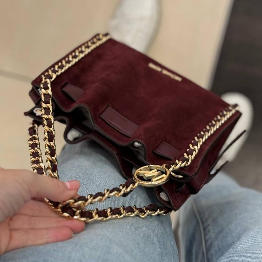 Mina Small Suede Logo Chain Crossbody Bag