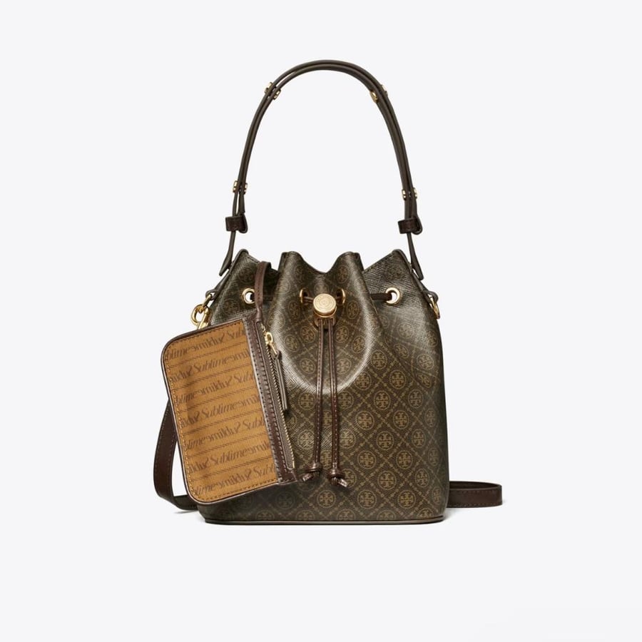 T MONOGRAM COATED CANVAS BUCKET BAG