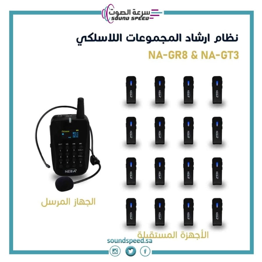 نظام إرشاد المجموعات اللاسلكي يتكون من جهاز إرسال ومستقبلات قطعة أذن و